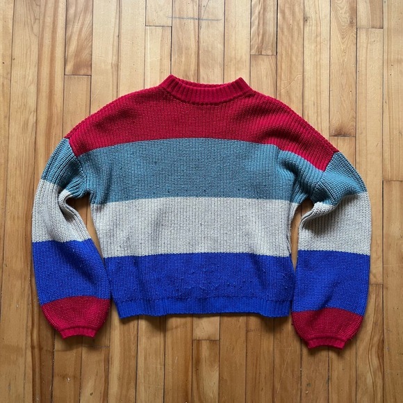 Brixton Sweaters - Brixton Striped Mock Neck Knit Sweater XS Red Blue Teal White Casual Boho